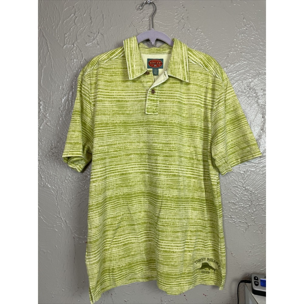 Tommy Bahama Relax Polo Shirt Short Sleeve‎ Green Striped Size Medium